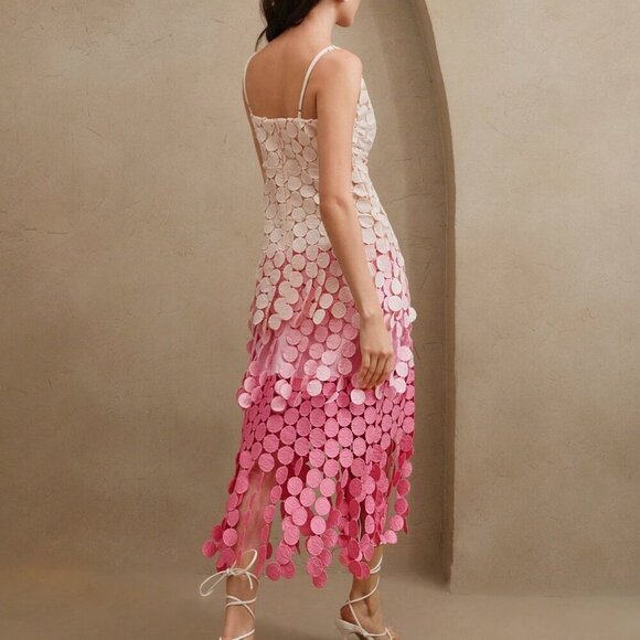 Pink Elegant Women's Round Tassel Hollow Out Embroidery High Waist Slip Dress - Picture 2 of 8